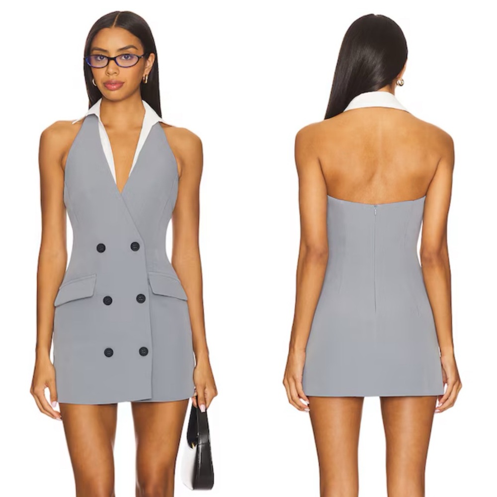 Zara Gray Halter Collar Double-Breasted Backless Mini Dress